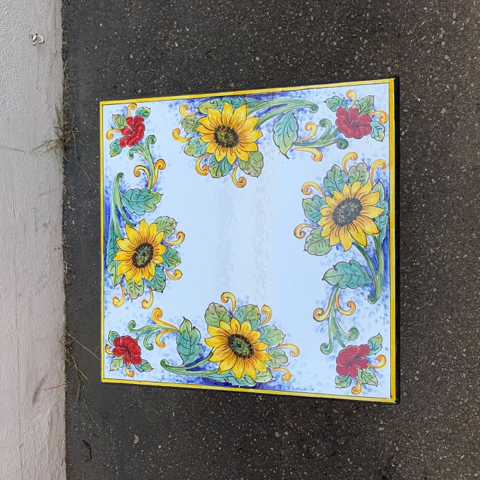 20'' Square Italian Volcanic Table - Sunflowers and Poppies - Image 2