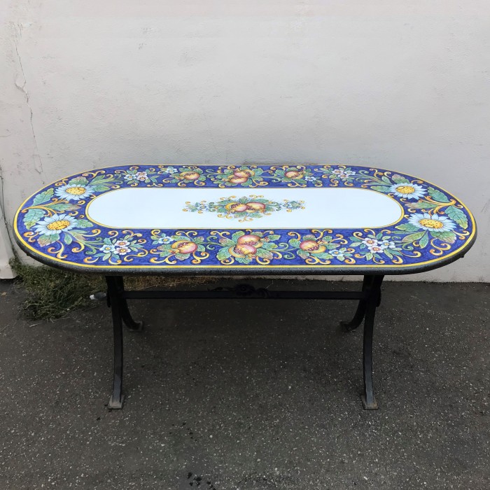 63” x 31” Italian Volcanic Table – Oval Daisies and Pomegranates on Blue Full Center