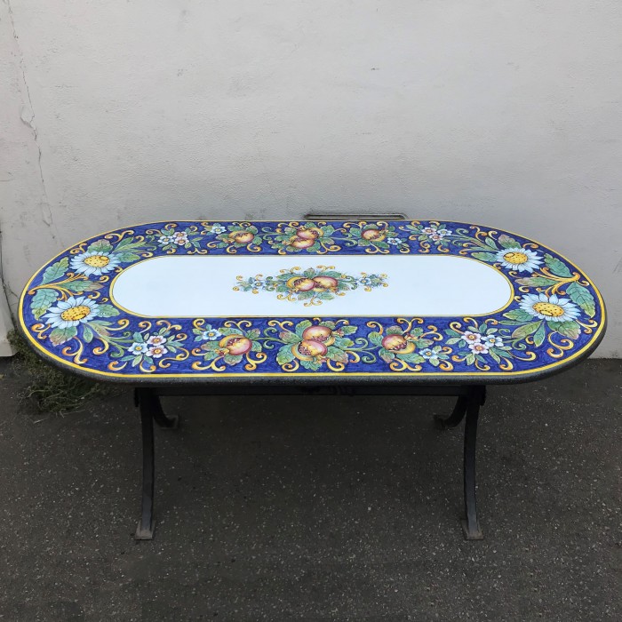 63” x 31” Italian Volcanic Table – Oval Daisies and Pomegranates on Blue Full Center - Image 3