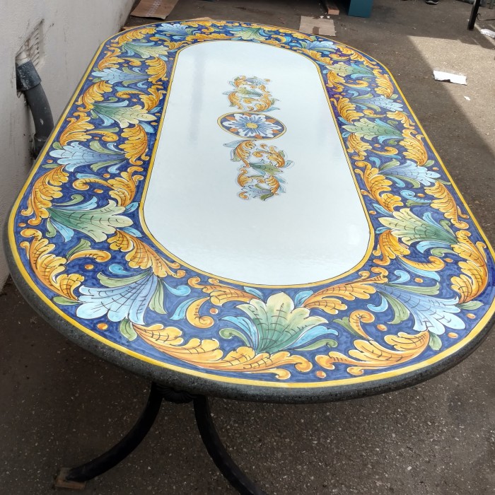 71” x 35.5” Italian Volcanic Table Oval – Oval Yellow and Blue Leaves on Blue Full Center - Image 7