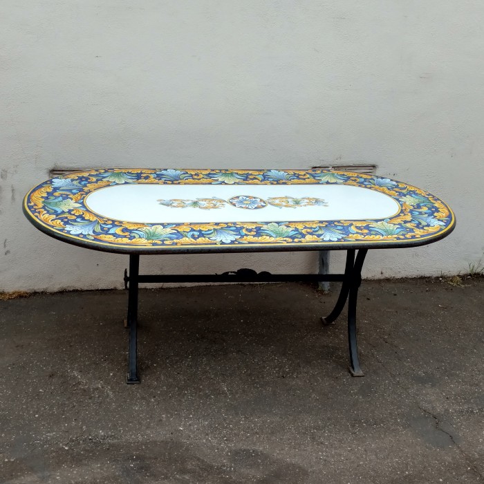 71” x 35.5” Italian Volcanic Table Oval – Oval Yellow and Blue Leaves on Blue Full Center