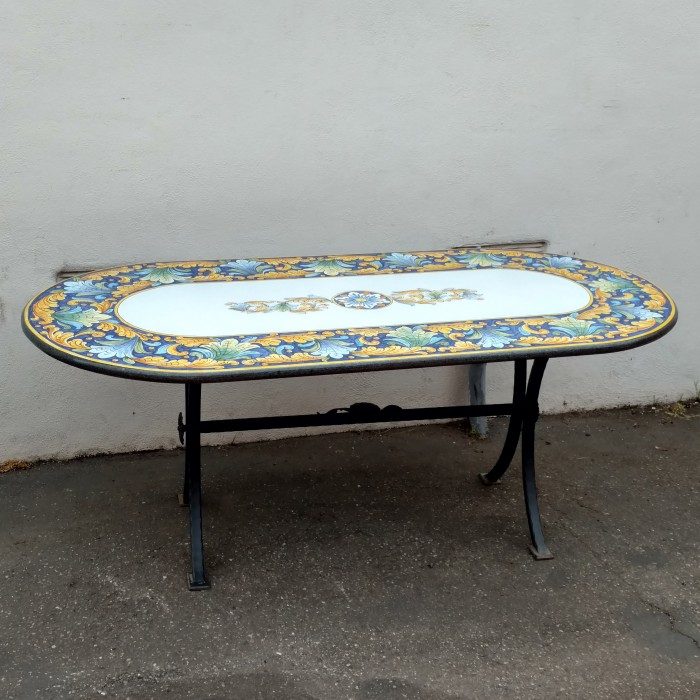 71” x 35.5” Italian Volcanic Table Oval – Oval Yellow and Blue Leaves on Blue Full Center - Image 6