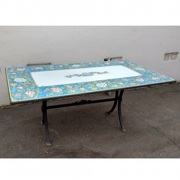 71” x 39” Italian Volcanic Table – Rectangular Flowers on Medium Blue with Yellow Frame and Flower Center