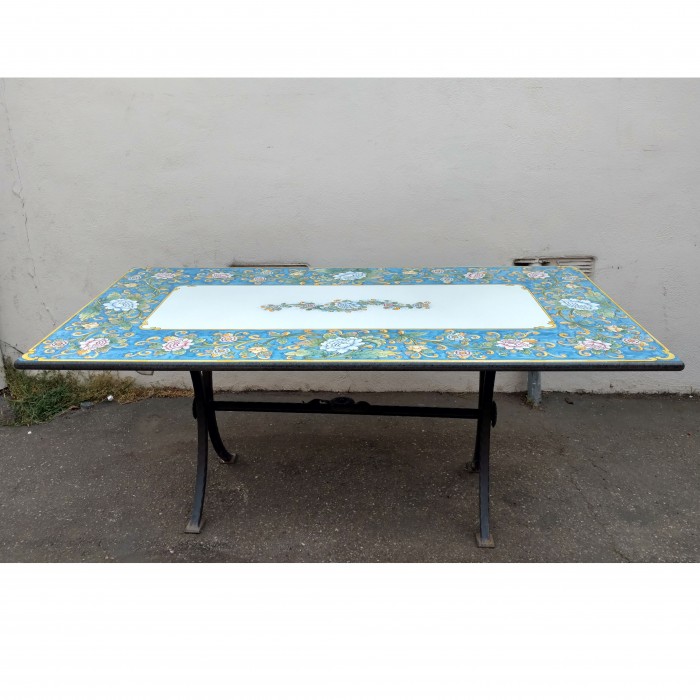 71” x 39” Italian Volcanic Table – Rectangular Flowers on Medium Blue with Yellow Frame and Flower Center - Image 5