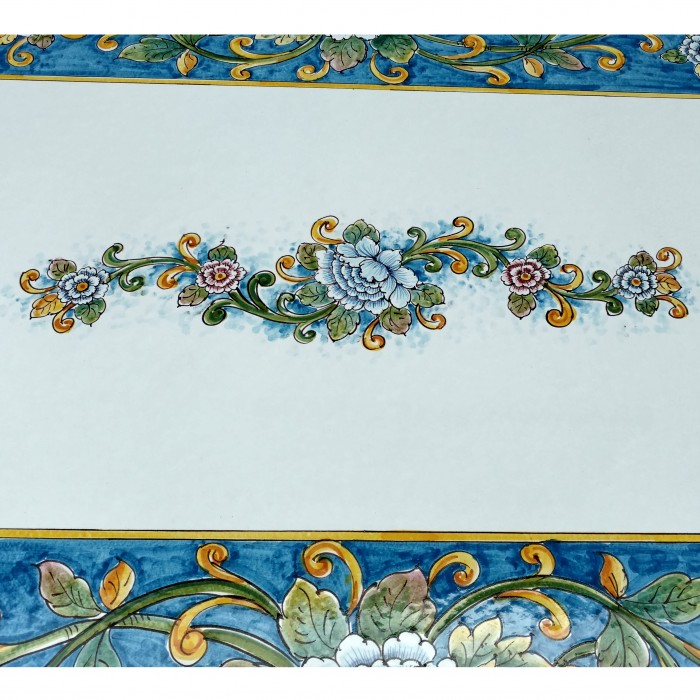 71” x 39” Italian Volcanic Table – Rectangular Flowers on Medium Blue with Yellow Frame and Flower Center - Image 7