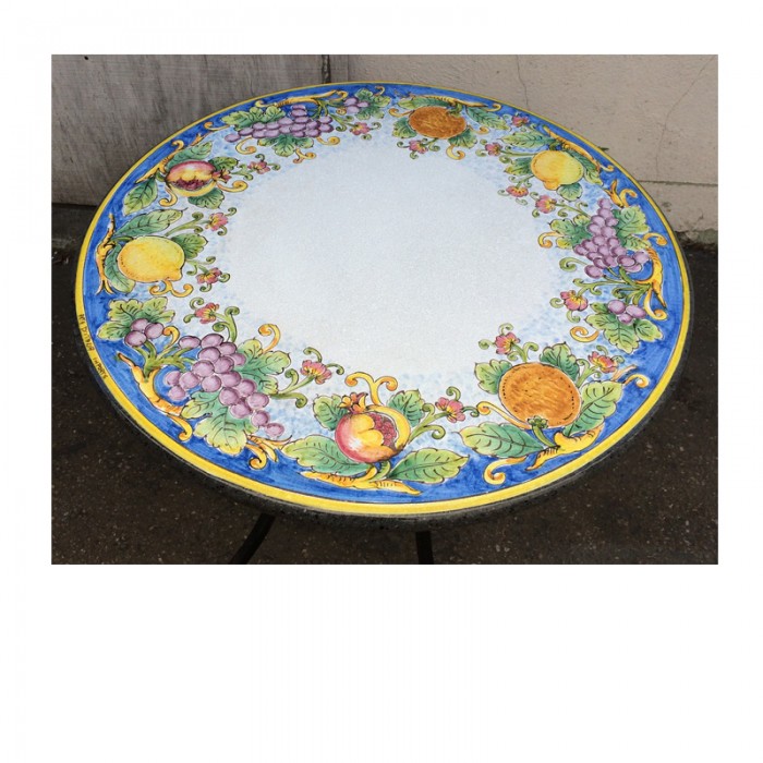 31.5″ Italian Volcanic Table – Mixed Fruit on Medium Blue - White Center - Image 2