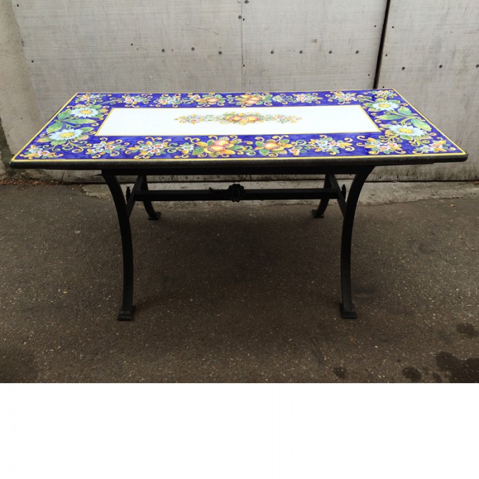 63” x 31” Italian Volcanic Table – Rectangular Pomegranates and Flowers on Blue