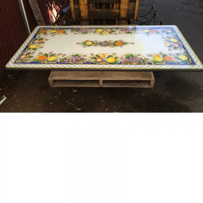 79” x 39” Italian Volcanic Table – Mixed Fruit on White with Hatched Border