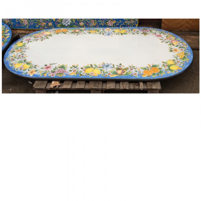 79” x 39” Italian Volcanic Table – Oval Mixed Fruit and Flowers on Blue