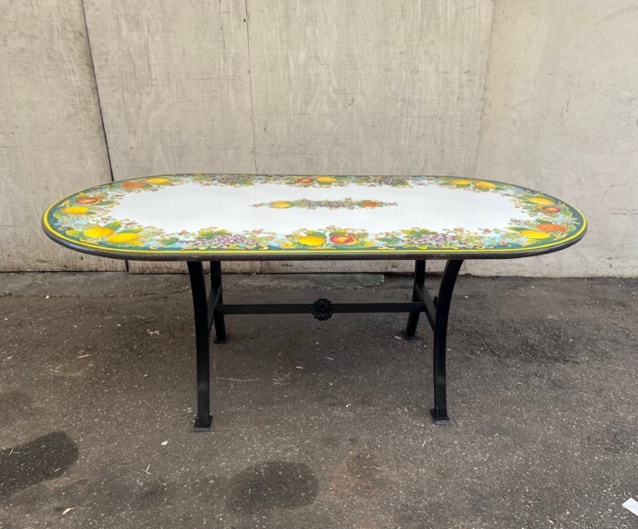 79" x 39" Italian Volcanic Table – Large Oval Fruit on Teal - Image 4