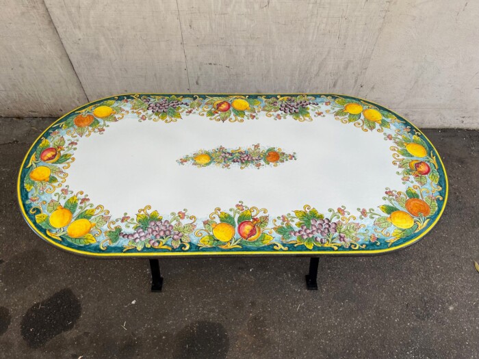 79" x 39" Italian Volcanic Table – Large Oval Fruit on Teal