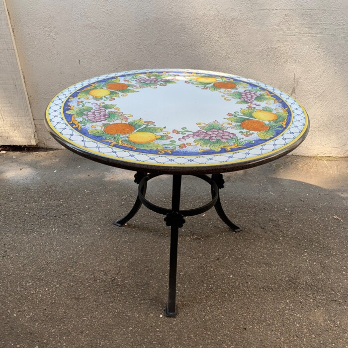 39" Italian Volcanic Table - Mixed Fruit on Blue with Hatch Border