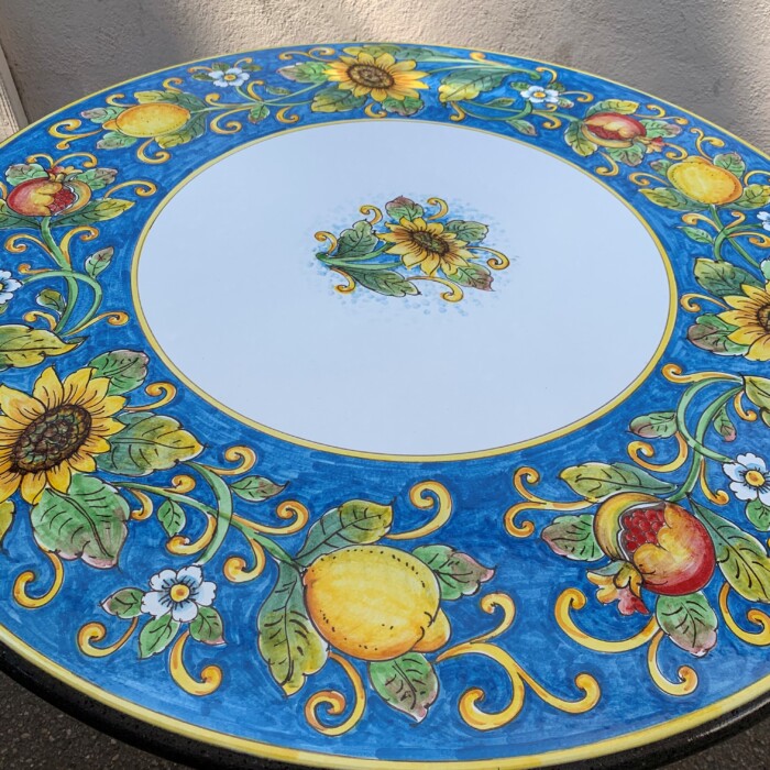 39" Italian Volcanic Table - Mixed Fruit and Sunflowers on Teal - Image 2