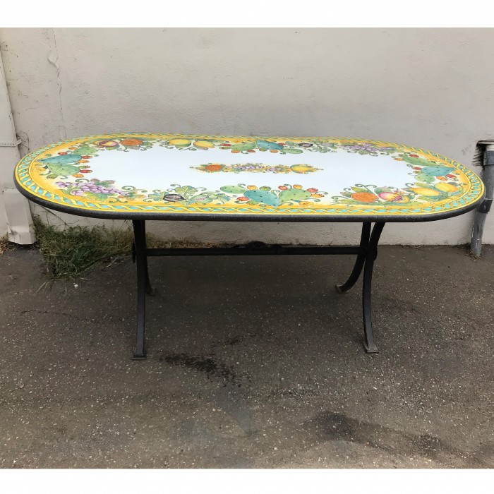 71” x 35.5” Italian Volcanic Table – Oval Mixed Fruit and Cactus on Yellow with Scroll Edge