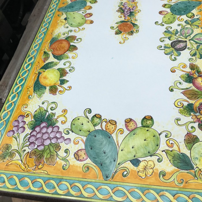 71'' x 35.5'' Italian Volcanic Table - Cactus and Fruit on Yellow with Scroll Edge and Full Center - Image 7