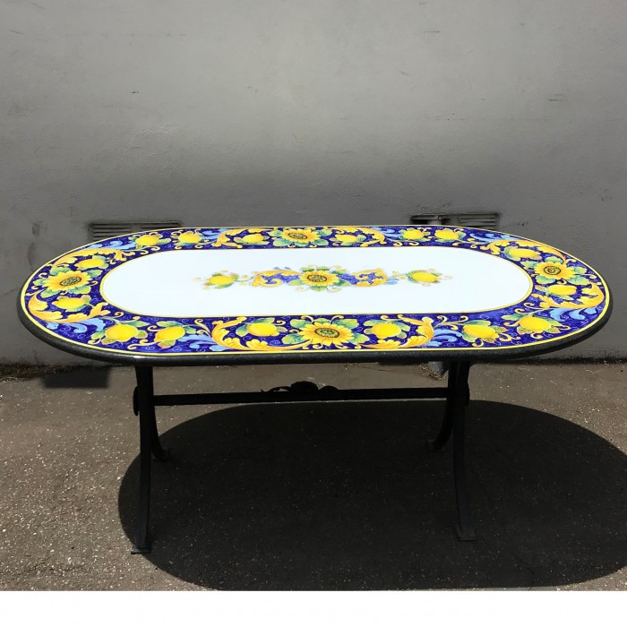 71'' x 39'' Italian Volcanic Table - Lemons and Leaves Oval with Sunflower Center