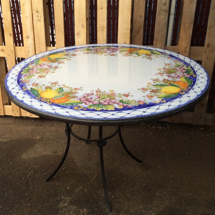 43" Italian Volcanic Stone Table - Mixed Fruit on Blue with Crosshatched Border - Image 2