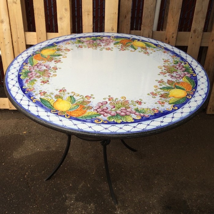 43" Italian Volcanic Stone Table - Mixed Fruit on Blue with Crosshatched Border