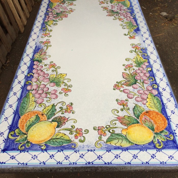 44'' x 23.5" Italian Volcanic Table - Mixed Fruit on Blue with Crosshatched Border - Image 4