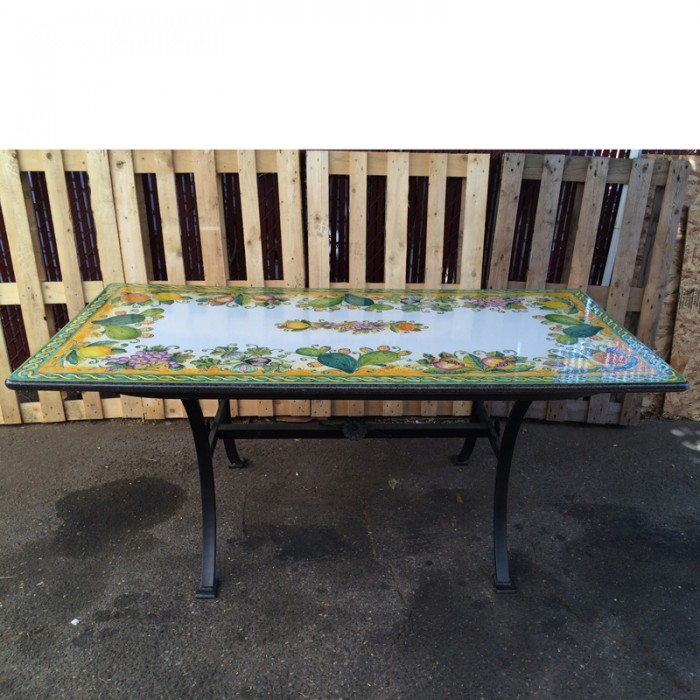 71'' x 35.5'' Italian Volcanic Table - Cactus and Fruit on Yellow with Scroll Edge and Full Center - Image 4