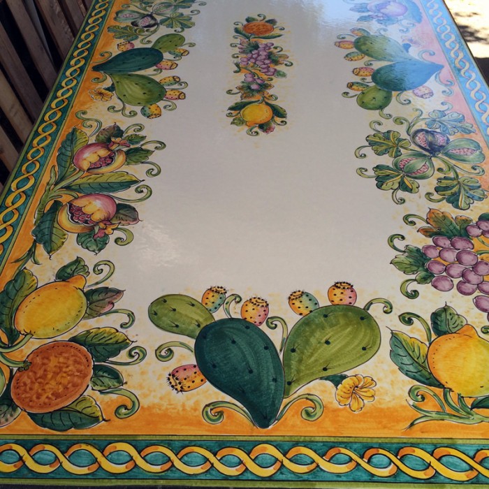 71'' x 35.5'' Italian Volcanic Table - Cactus and Fruit on Yellow with Scroll Edge and Full Center - Image 3