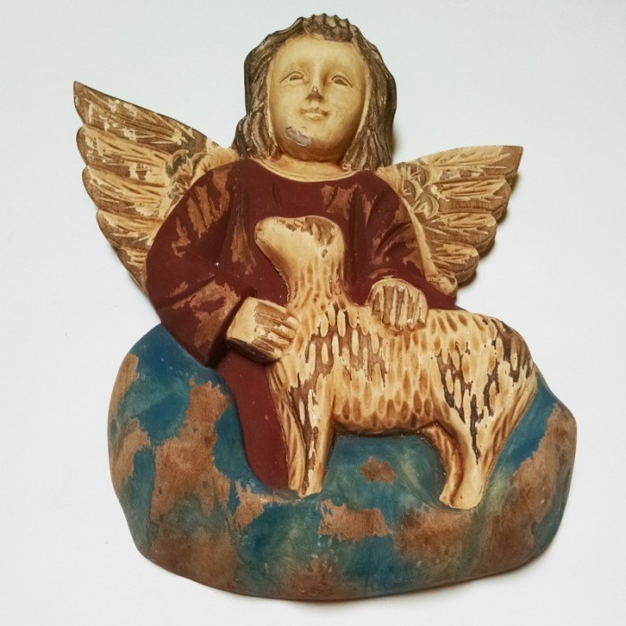 Hand Carved Wooden Angel and Lamb