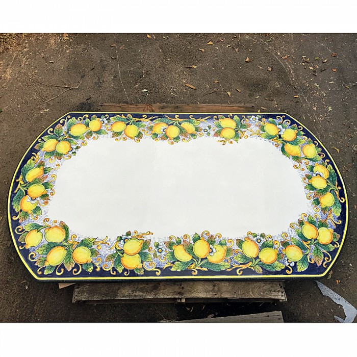 71'' x 39'' Italian Volcanic Table - Lemons Oblong on Blue White Center