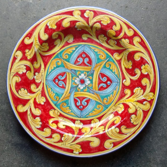 Large Round Platter - Geometric Red Scrolls