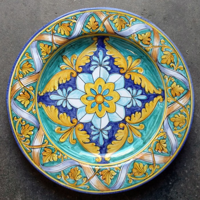 Large Round Platter - Geometric Turquoise Foliage