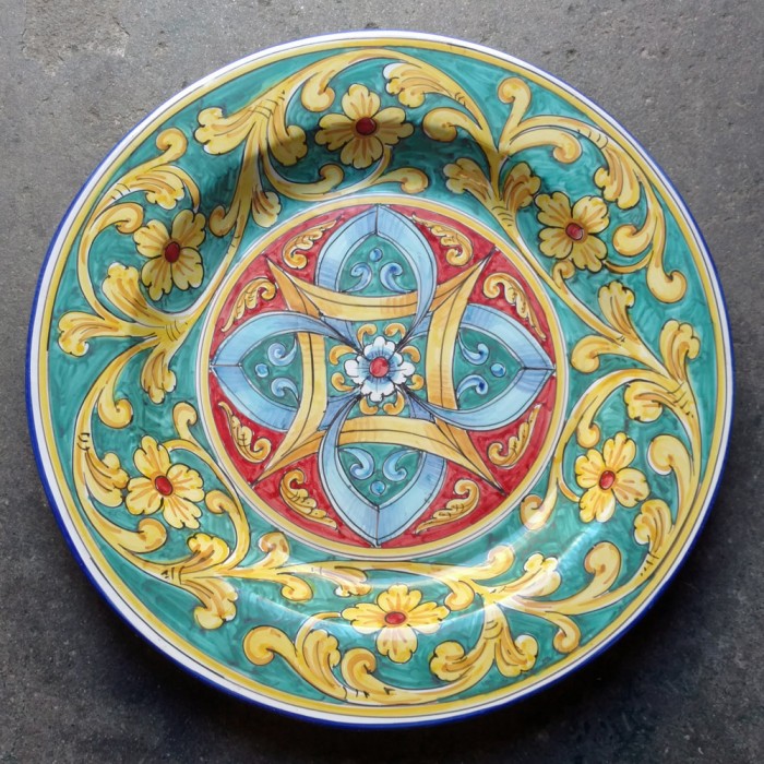 Large Round Platter - Geometric Turquoise Scrolls