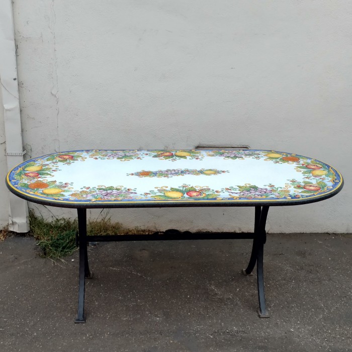 71” x 35.5” Italian Volcanic Table – Oval Mixed Fruit on Blue with Full Center - Image 6