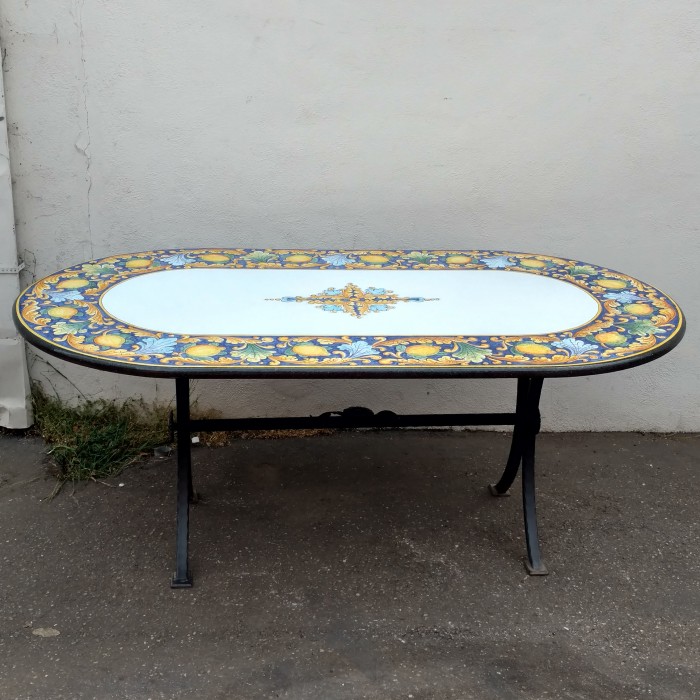 71'' x 39'' Italian Volcanic Table - Lemon and Leaves with Geometric Centerpiece