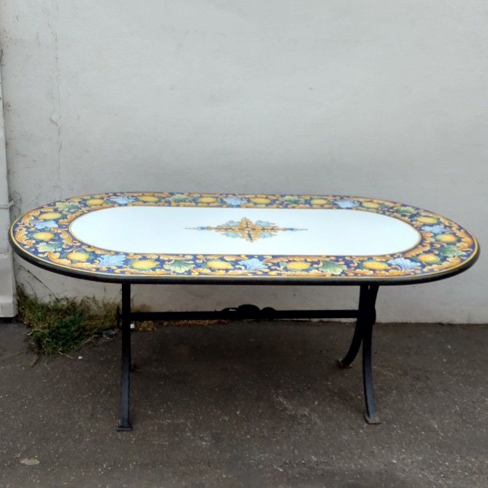 71'' x 39'' Italian Volcanic Table - Lemon and Leaves with Geometric Centerpiece - Image 4