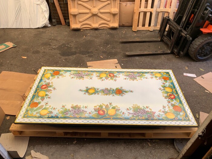 79” x 39” Italian Volcanic Table – Mixed Fruit on Turquoise with Hatched Border **NEW!! Better Pictures Coming Soon**