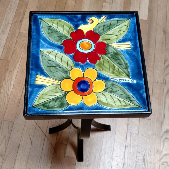 Parrucca Single-Tile Ceramic Tall Table - Flowers on Cobalt