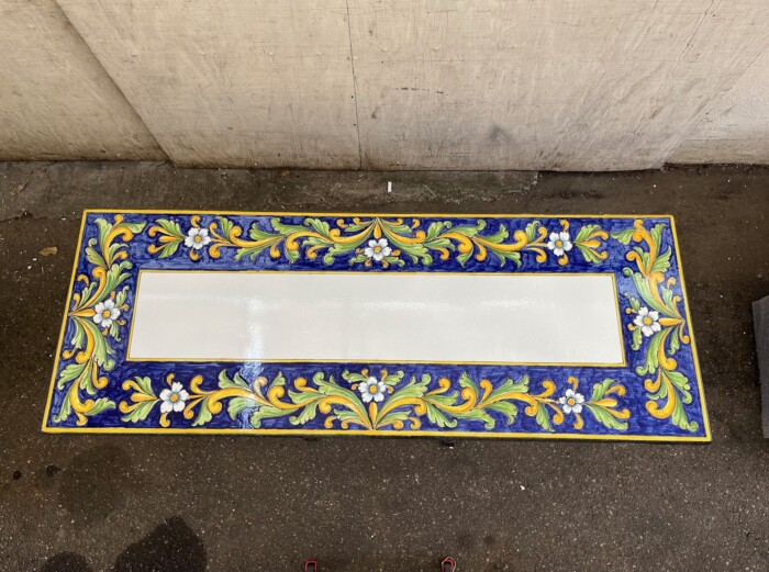 63'' x 23.5" Italian Volcanic Table, rectangular - Leaves and Flowers on Blue White Center - Image 2