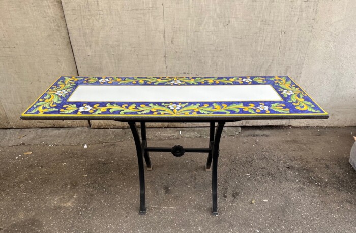 63'' x 23.5" Italian Volcanic Table, rectangular - Leaves and Flowers on Blue White Center