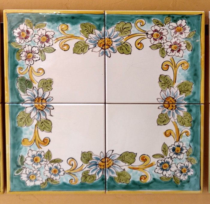 Teal Floral Four-Tile Ceramic Tabletop with Iron Base