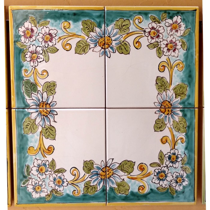 Teal Floral Four-Tile Ceramic Tabletop with Iron Base - Image 2