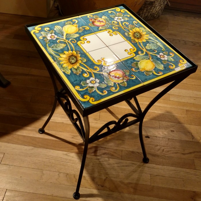 Lemon, Pomegranate and Sunflower Four-Tile Ceramic Tabletop with Iron Base