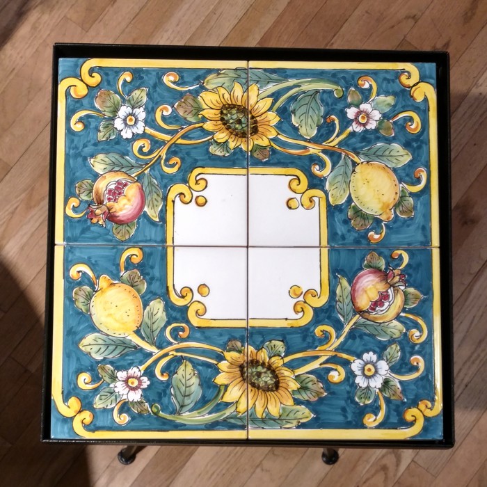 Lemon, Pomegranate and Sunflower Four-Tile Ceramic Tabletop with Iron Base - Image 2