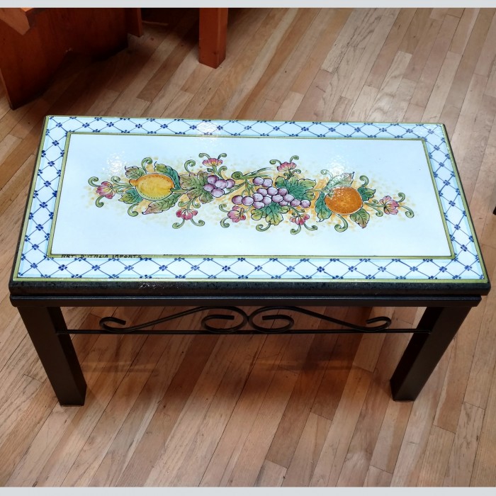 31.5'' x 16.5" Italian Volcanic Outdoor Bench with Iron Base - Mixed Fruit on White with Crosshatched Border - Image 3