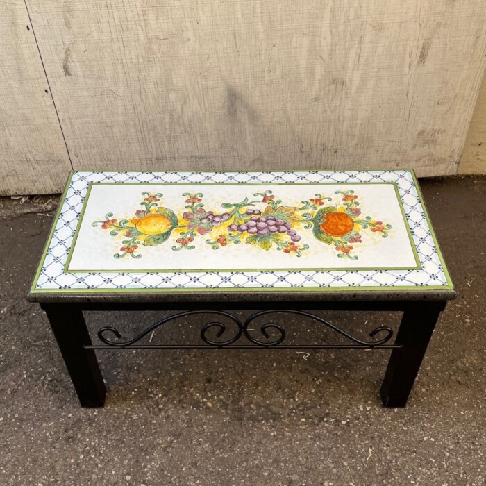 31.5'' x 16.5" Italian Volcanic Outdoor Bench with Iron Base - Mixed Fruit on White with Crosshatched Border