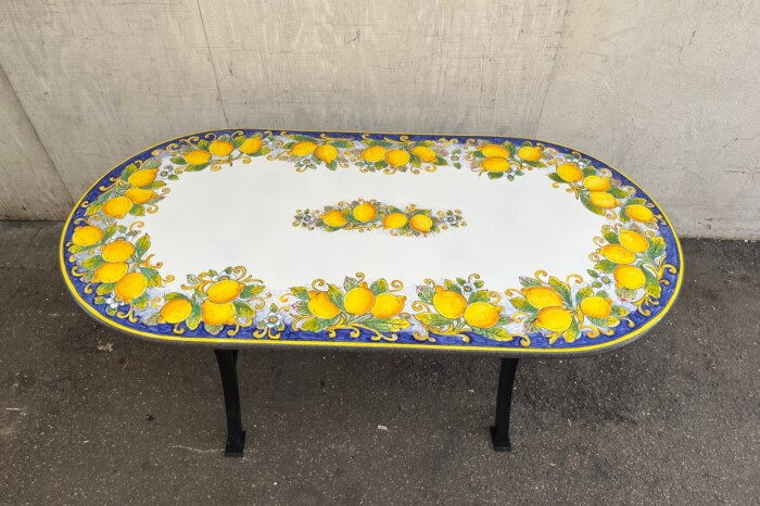 71” x 35.5” Italian Volcanic Table – Lemons on Blue  with Lemon Center