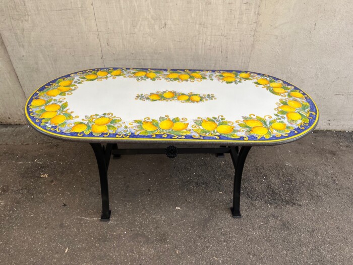 71” x 35.5” Italian Volcanic Table – Lemons on Blue  with Lemon Center - Image 2