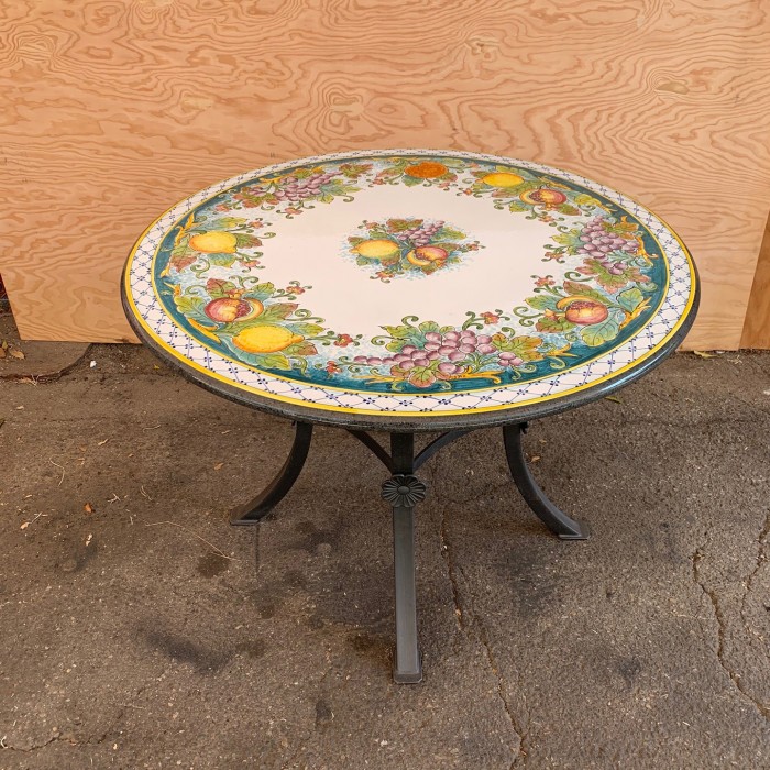 43" Italian Volcanic Stone Table - Mixed Fruit on Teal with Blue Hatch Full Center