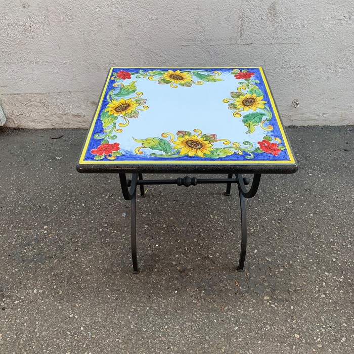 20" Square Italian Volcanic Table - Sunflowers and Poppies on Blue w/ White Center