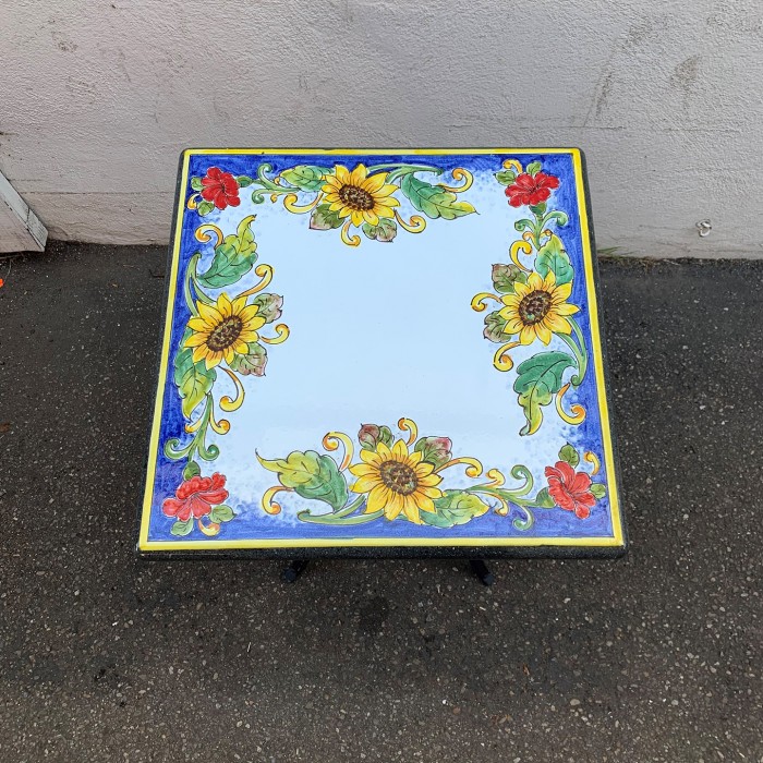 20" Square Italian Volcanic Table - Sunflowers and Poppies on Blue w/ White Center - Image 2