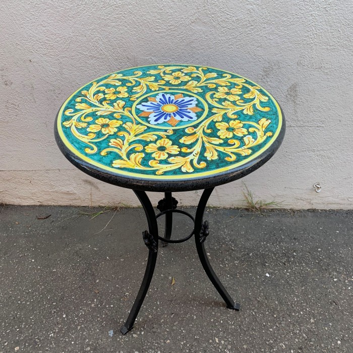 20'' Italian Volcanic Table - Yellow Scroll on Teal