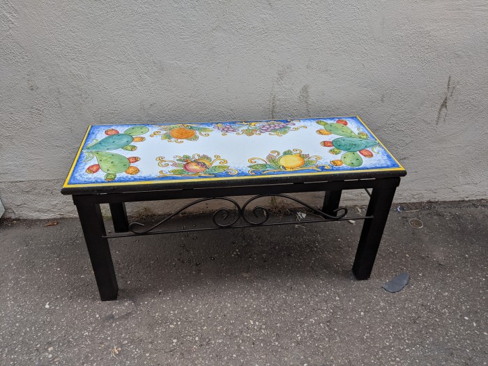 39'' x 16" Italian Volcanic Outdoor Bench with Iron Base - Cactus and Fruit on Blue